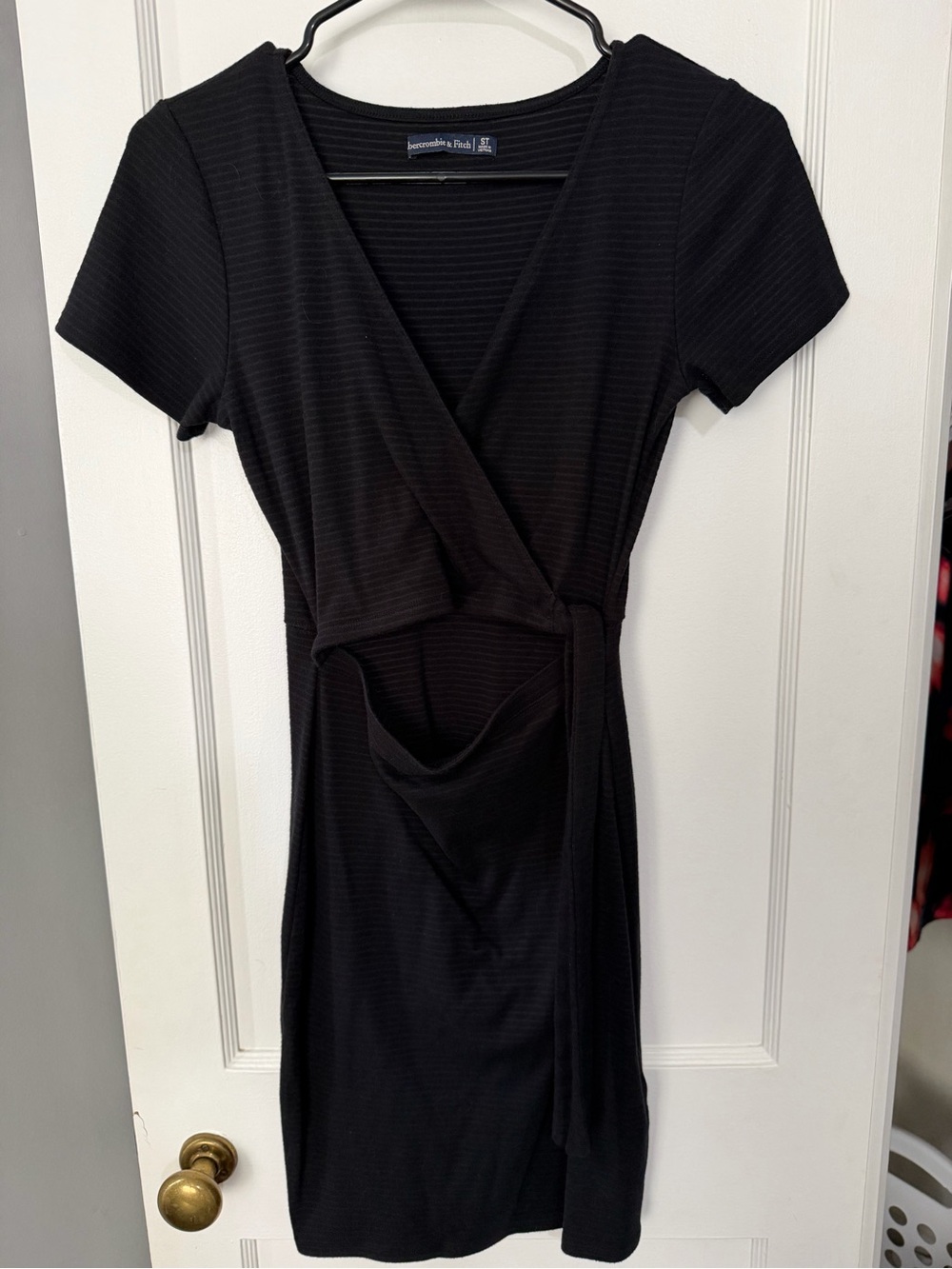 Abercrombie & Fitch Black Ribbed Tie-Waist Wrap Mini Dress